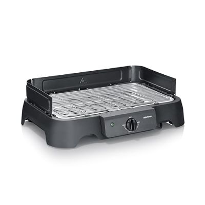 Severin Barbecue Électrique de Table, Grille Inox, idéal balcon, 2000W | Max. 200°C, chauffe rapide, thermostat, grill de balcon, nettoyage facile, bac récupérateur, 38x22cm, noir, 8593