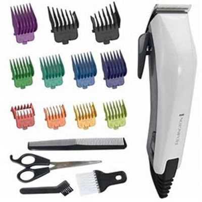 Remington Tondeuse Cheveux [Idéale Famille] ColorCut (Utilisation Facile, Lames acier inoxydable Auto-Affûtées, Secteur, 11 Sabots colorés 1,5-25mm, Peigne, Ciseaux) Tondeuse HC5035
