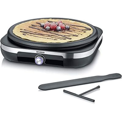 SEVERIN Crêpière, Avec spatule à crêpe et répartiteur de pâte, 1500 W, CM 2199, Inox / Noir