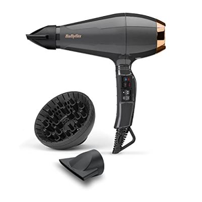 BaByliss Sèche-cheveux Air Pro avec Diffuseur - Fabriqué en Italie, Moteur Professionnel AC, Sèche-cheveux puissant 2200W, Technologie ionique Anti-Frisottis, 2 températures & 2 vitesses, Noir, 6719DE