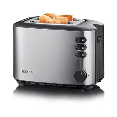 SEVERIN Grille-pain automatique 850 W, Toaster compact 2 fentes jusqu'à 2 tranches, Grille-pain électrique avec réglage du degré de brunissage & fonction décongélation, inox, AT 2514