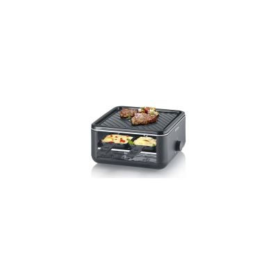 SEVERIN Raclette Gril 4 personnes, Appareil à raclette compact, Mini Raclette avec Plaque Anti-adhésive 24 X 24 cm, Inclus 4 Poêlons et Spatules clipsables, Noir, RG 2360