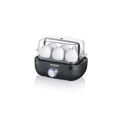 SEVERIN Cuit-œufs 420 W, Appareil de cuisson pour 1 à 6 œufs, Doseur d'Eau Gradué et Perce-Œufs Inclus, Cuiseur à œufs avec réglage électronique du temps de cuisson, noir, EK 3166