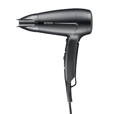 Severin Seche cheveux de voyage, Sèche cheveux avec poignée pliable et concentrateur amovible, double intensité : 110/220 V, sèche-cheveux compact 1 600 W, Noir, HT 0159