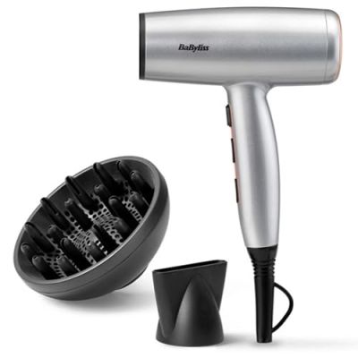 BaByliss Sèche-Cheveux Cosmos avec Diffuseur, Léger – Sèche-cheveux puissant et élégant de 2100W, Technologie ionique anti-frisottis, 3 températures & 2 vitesses, Argenté, D580DE