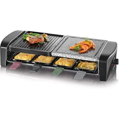 SEVERIN Appareil à raclette pour 8 personnes, Plaque de cuisson avec pierre naturelle et plaque en fonte antiadhésive, Gril raclette 1 400W, Noir, RG 9645