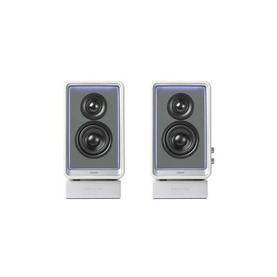QR65 BLANC - Haut-parleur actif (70 W), design avec effets lumineux RVB, 3 ports de charge rapide USB TurboGaN et sortie caisson de basses, blanc