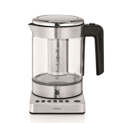 WMF KITCHENminis Bouilloire théière électrique en verre, 1 L, 1900 W, 5 niveaux de température, Maintien au chaud, Sans Fil, Qualité Schott Duran, Filtre thé intégré, Design Inox & Compact 0413180012