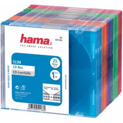 Hama Boîtier CD ou Disques Blu-ray, ultra mince, lot de 25 Multicolor | Pack de 25 Boîtiers Slim vide pour CD / DVD, avec une feuille pour la couverture- Transparent/Bleu/Orange/Vert/Rouge/Violet