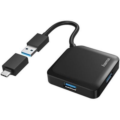 Hama Hub USB, 4 Ports, USB 3.2 Gen1, 5 Gbit/s, avec Adaptateur USB-C, Métal, Noir