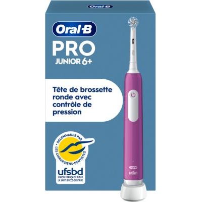Oral-B Brosse à Dents Électrique Enfant Pro Junior, 1 Brossette, Violet | 3 Modes de Brossage, Filaments Doux, Contrôle de la Pression sur les Gencives, à Partir de 6 Ans