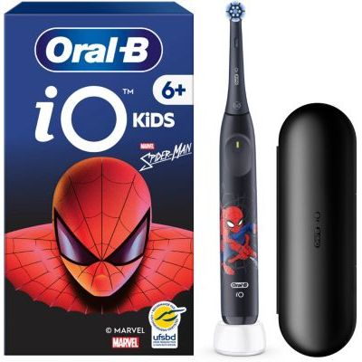 Oral-B Brosse à Dents Electrique iO Kids, Brossette, Spider-Man, Noire | 3 Modes de Brossage en Douceur pour Enfants de 6 Ans, Minuteur Musical, Embout Rond de Rechange, Etui