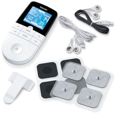 Beurer EM49 Électrostimulateur musculaire 3 en 1 :TENS/EMS/Massage, thérapie anti-douleur TENS, stimulation électrique des muscles EMS, 4électrodes, Noir réutilisables incluses, facile à emporter
