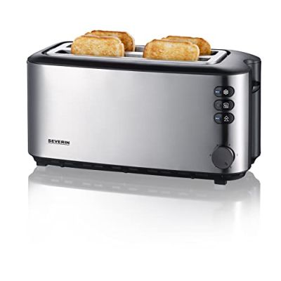 SEVERIN Grille-pain automatique 1 400 W, Toaster compact 2 fentes jusqu'à 4 tranches, Grille-pain électrique avec réglage du degré de brunissage & fonction décongélation, inox/noir, AT 2509