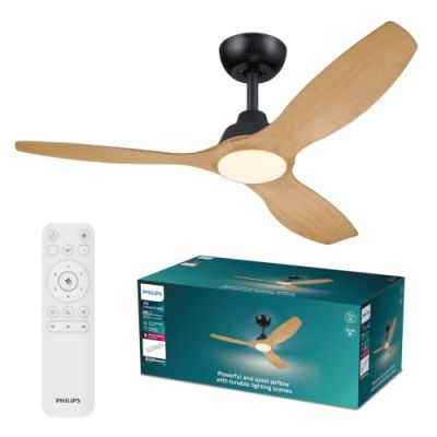 Ventilateur de plafond Philips Olas Pales fixes - Diamètre 132 cm - Noir/Bois - LED intégrée + télécommande