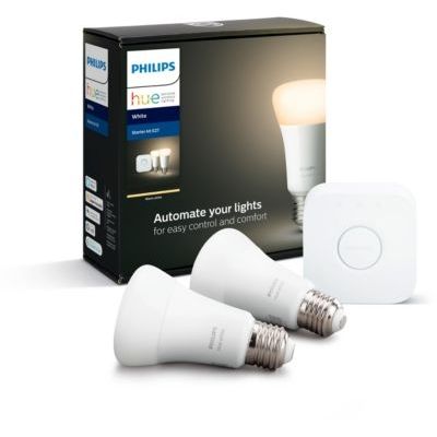 image Philips Hue White Kit de Démarrage 2 ampoules LED connectées + Pont de connexion Hue, compatible Bluetooth - Fonctionne avec Alexa