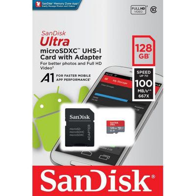 image SanDisk Carte Mémoire MicroSDHC Ultra 128 Go + Adaptateur SD (100Mo/S, Classe 10, U1, Homologuée A1)