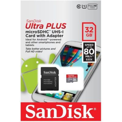 image SanDisk Carte Mémoire microSDHC Ultra Plus 32 Go, Classe 10, Vitesse de Lecture Allant jusqu'à 80 Mo/s + Adaptateur SD SDSQUSC-032G-GN6MA