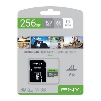 image PNY Elite Carte Mémoire microSDXC 256 Go + Adaptateur SD, Vitesse de lecture 100 Mo/s, Classe 10 UHS-I, U1 pour vidéo Full HD
