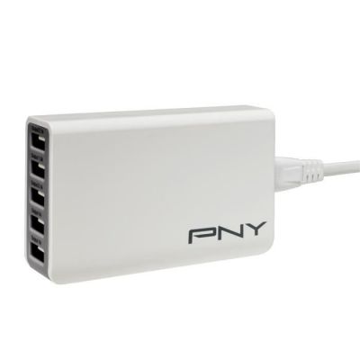 image PNY Multi USB Chargeur Secteur Mural Universel vers 5 ports USB 25 Watts - Blanc