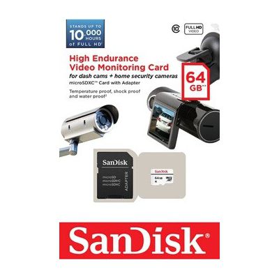 image Carte Mémoire microSDXC avec adaptateur SD SanDisk Haute Endurance pour surveillance vidéo en Full HD jusquà 10.000 heures - 64 Go Classe 10 (SDSDQQ-064G-G46A)