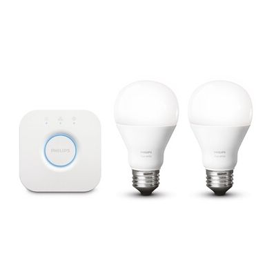 image Philips Hue Kit de Démarrage Blanc avec 2 x E27 9 W [pont inclus] - Fonctionne avec Alexa + Dim Switch Télécommande nomade variateur de lumière + Détecteur de mouvement Motion sensor