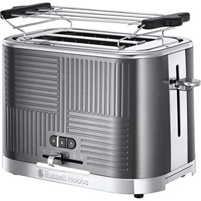 Russell Hobbs Grille Pain [Pour 2 Tranches] Geo Steel (Fentes larges, 4 fonctions,Grillage/Brunissage rapide, Pince intégrée, Surélévation,Chauffe Viennoiserie,Ramasse Miettes, 1640W) Toaster 25250-56