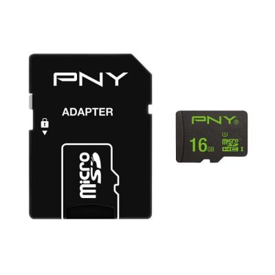 image PNY Carte Mémoire MicroSDHC High Performance 16 Go + Adaptatateur (Classe 10 UHS-1 U1, 100Mo/s) - SDU16GHIGPER-1-EF