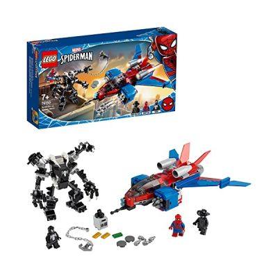 image LEGO Super Heroes Marvel, Le Spider-jet contre le robot de Venom, Set de jeu avec figurine de Spider-Man Noir, 158 pièces, 76150