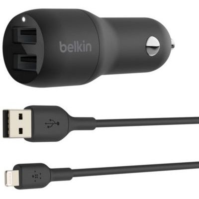 image Belkin Chargeur de voiture 2 ports USB Boost Charge 24 W avec câble Lightning (certifié Apple MFi)