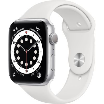 image Apple Watch Series 6 (GPS, 44 mm) Boîtier en aluminium argent, Bracelet Sport blanc