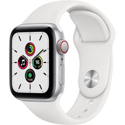 image Apple Watch SE (GPS + Cellular, 44 mm) Boîtier en aluminium argent, Bracelet Sport blanc