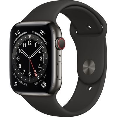 image Apple Watch Series 6 (GPS + Cellular, 44 mm) Boîtier en acier inoxydable graphite, Bracelet Sport noir