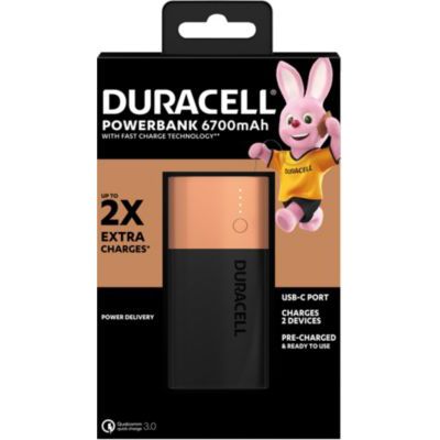 image Powerbank Duracell 6700 mAh, Batterie Externe avec USB C + Charge Rapide IN/OUT (Power Delivery 18W et Quick Charge 3.0) pour iPhone, Samsung, Huawei et appareils alimentés par USB