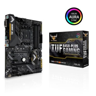 image ASUS TUF B450M-PLUS GAMING – Carte mère gaming AMD B450 au format mATX avec DDR4 4400MHz, M.2 32 Gb/s, HDMI 2.0b, USB 3.1 Gen 2 Type-C & natif et éclairage LED Aura Sync RGB