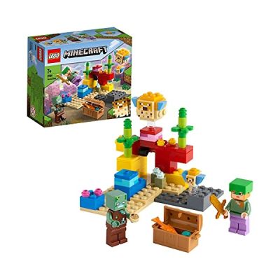 LEGO 21164 Minecraft Le Récif Corallien, Jouet de Construction avec Figurine de Alex et d'un Zombie Noyé, 2 Poissons Globes, Épée et Coffre au Trésor
