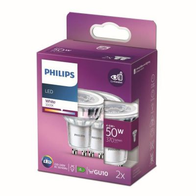 image Philips LED Classic 2 Packs [GU10 Spot] 4.6W - 50W Equivalent, 220 - 240V, Blanc 3000K (Non-Dimmable)