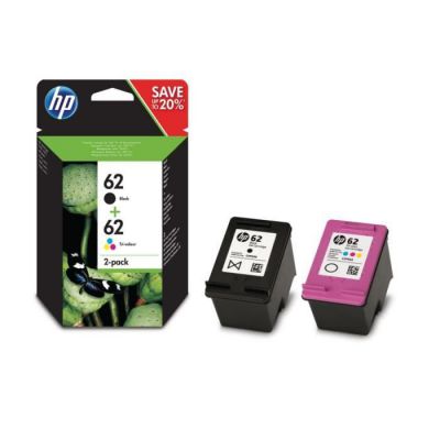 image HP 62 Pack de 2 Cartouches d'Encre Authentique (N9J71AE) imprimantes HP OfficeJet et HP ENVY, Noir et trois couleurs (Cyan, Magenta et Jaune)