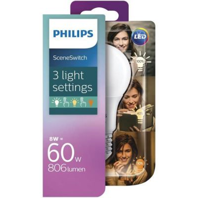 image Philips ampoule LED E27 60W Dépolie Blanc chaud SceneSwith 3 ambiances