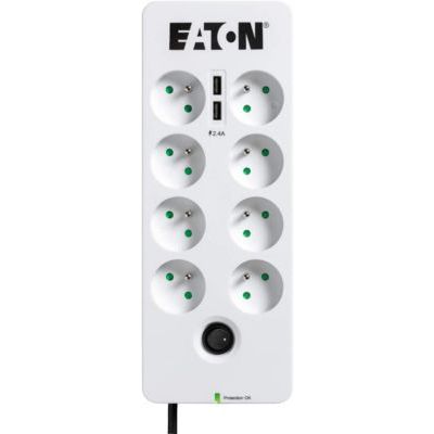 image Eaton Multiprise/Parafoudre - Eaton Protection Box 8 Tel@ USB FR - PB8TUF - 8 prises FR + 1 prise téléphonique + 2 ports USB - Blanc & Noir