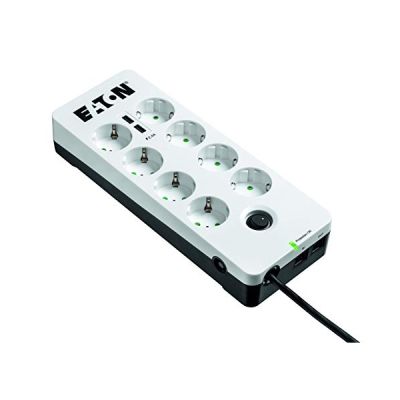 Eaton Protection Box 8 Tel@ Bloc multiprise USB DIN avec protection contre les surtensions 8 prises Schuko commutable, protection téléphonique et sorties USB Blanc
