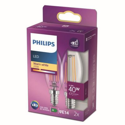 image Philips ampoule LED Flamme E14 40W Blanc Chaud Claire, Verre, Lot de 2