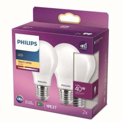 image Philips ampoule LED Standard E27 40W Blanc Chaud Dépolie, Verre, 2 Unité (Lot de 1)