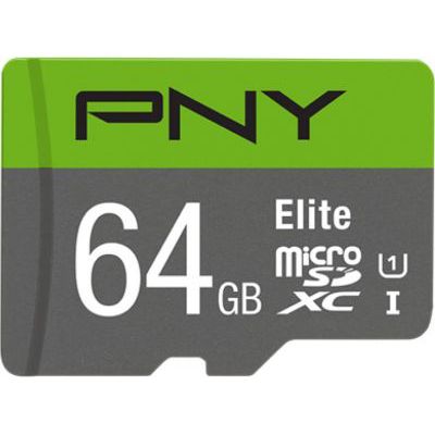 image PNY Elite Carte Mémoire microSDXC 64 Go + Adaptateur SD, Vitesse de lecture 100 Mo/s, Classe 10 UHS-I, U1 pour vidéo Full HD