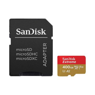 image SanDisk Extreme 400 GB microSDXC Memory Card + SD Adapter with A2 App Performance + Rescue Pro Deluxe, Up to 160 MB/s, Class 10, UHS-I, U3, V30, Red/Gold