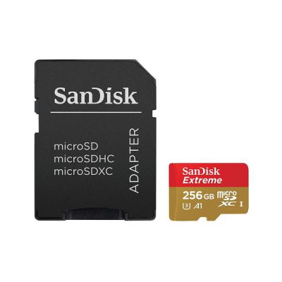 image SanDisk Extreme 256 GB microSDXC Memory Card + SD Adapter with A2 App Performance + Rescue Pro Deluxe, Up to 160 MB/s, Class 10, UHS-I, U3, V30, Red/Gold