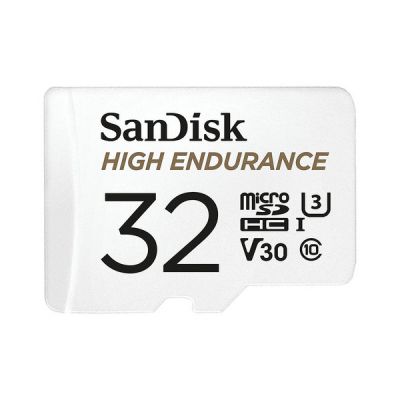 image SanDisk HIGH ENDURANCE Video Monitoring for Dashcams & Home Monitoring 32 GB microSDHC Memory Card + SD Adaptor, Up to 100 MB/s read and 40 MB/s Write, Class 10, U3, V30, White