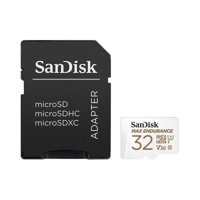 image SanDisk MAX ENDURANCE Video Monitoring for Dashcams & Home Monitoring 32 GB microSDHC Memory Card + SD Adaptor 15,000 Hours Endurance, White
