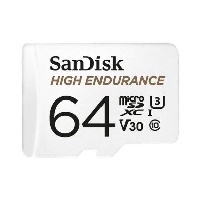 image SanDisk HIGH ENDURANCE Video Monitoring for Dashcams & Home Monitoring 64 GB microSDXC Memory Card + SD Adaptor, Up to 100 MB/s read and 40 MB/s Write, Class 10, U3, V30, White
