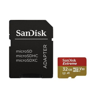 image SanDisk Extreme 32 GB microSDHC Memory Card + SD Adapter with A1 App Performance + Rescue Pro Deluxe, Up to 100 MB/s, Class 10, UHS-I, U3, V30, Red/Gold